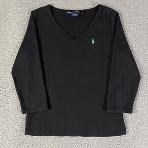 Vintage Polo Ralph Lauren Sport Shirt Womens Medium Black Top V Neck Preppy Y2K